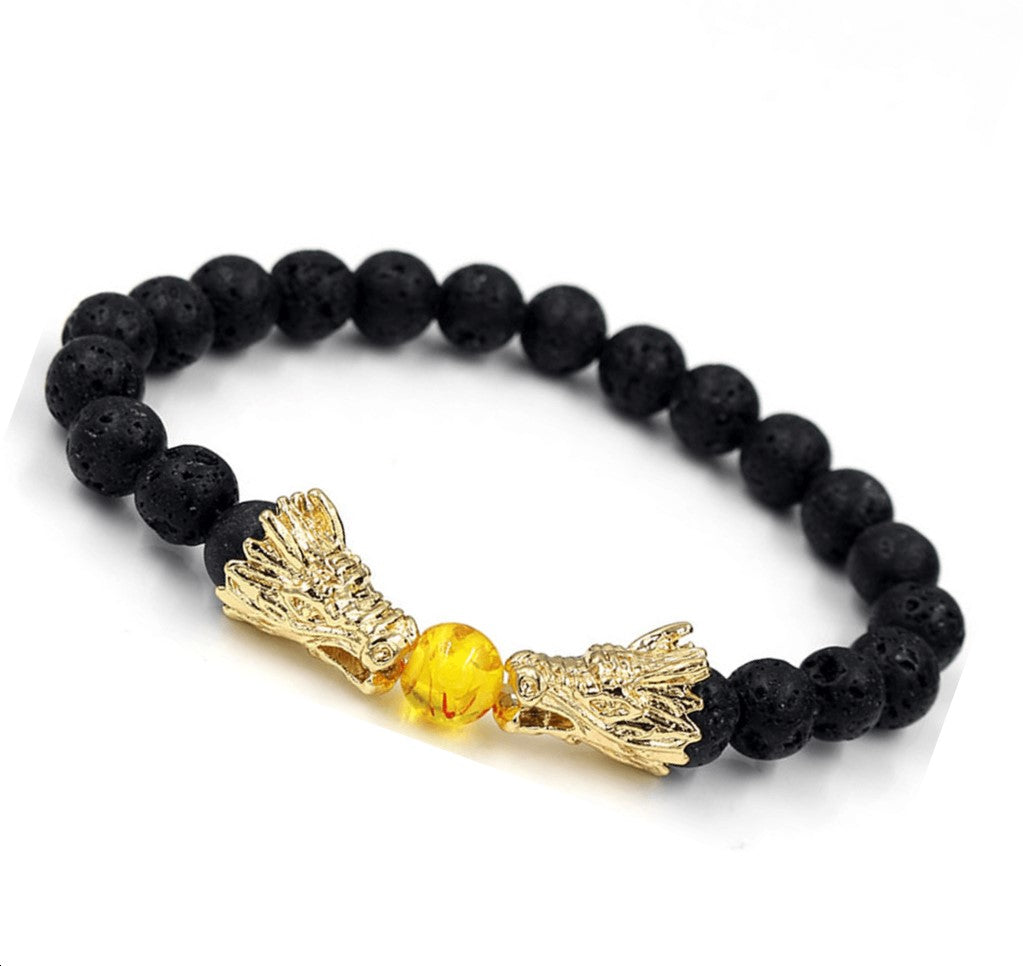 bracelet pierre de lave 2 dragons se crachent une boule de feu