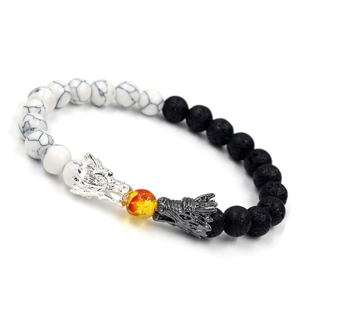 bracelet 2 types de pierre de lave, 2 dragons s'affronte lithotherapie