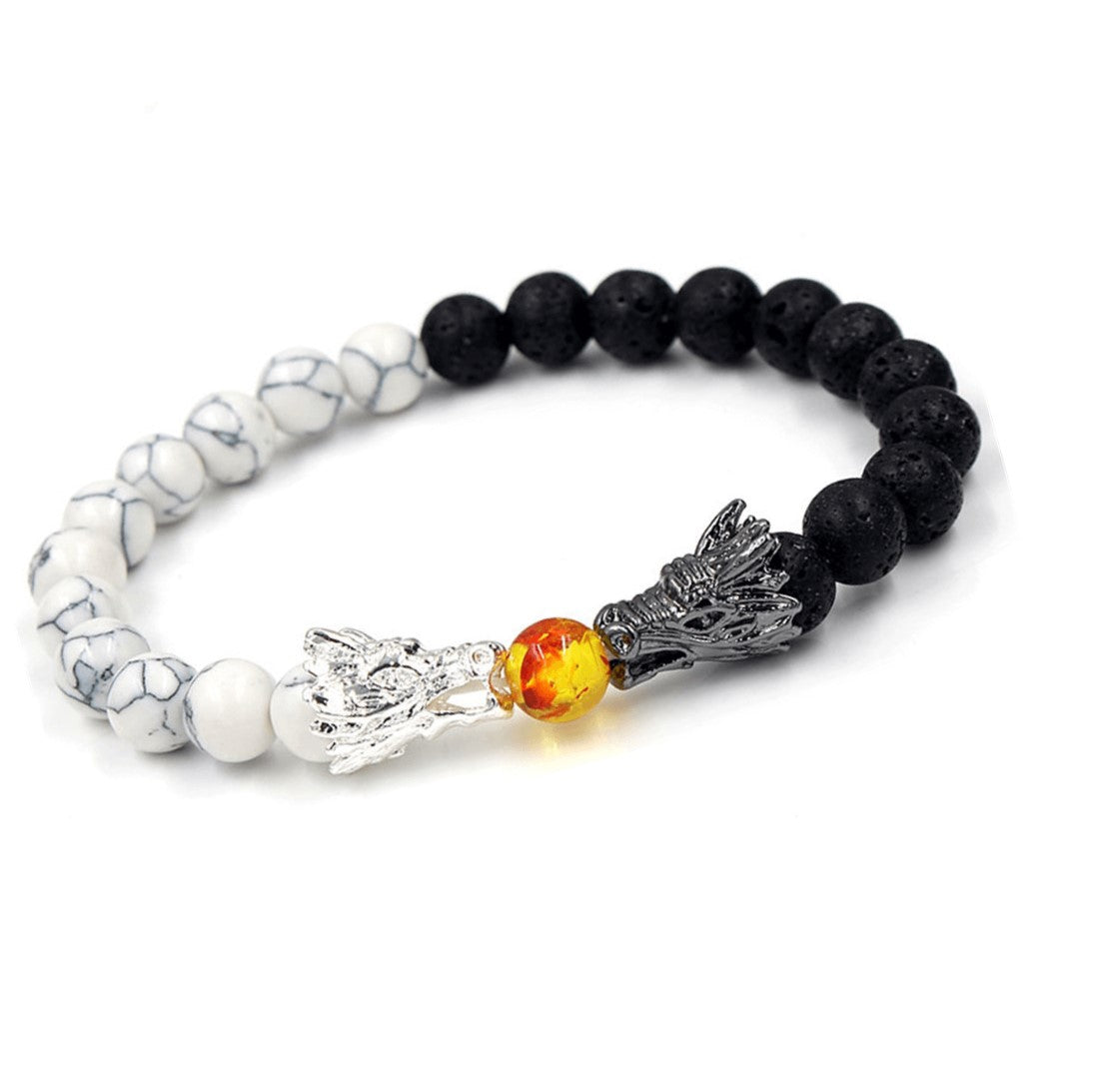 bracelet lithotherapie pierre de lave deux couleurs deux dragons se crache du feu