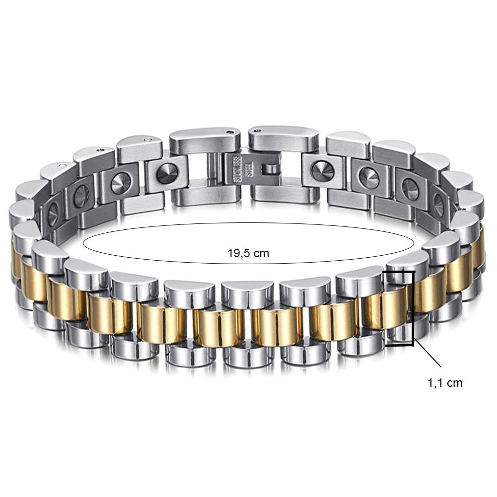 dimension Bracelet aimant magnétique surpuissant pour un soulagement optimal de la douleur. Améliore la circulation sanguine. Fabriqué en acier inoxydable de haute qualité.