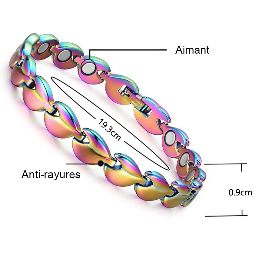 detail composition Bracelet magnétique aimant pour femmes, élégant et performant. Soulage la douleur et améliore la circulation sanguine. Fabriqué en acier inoxydable de qualité.