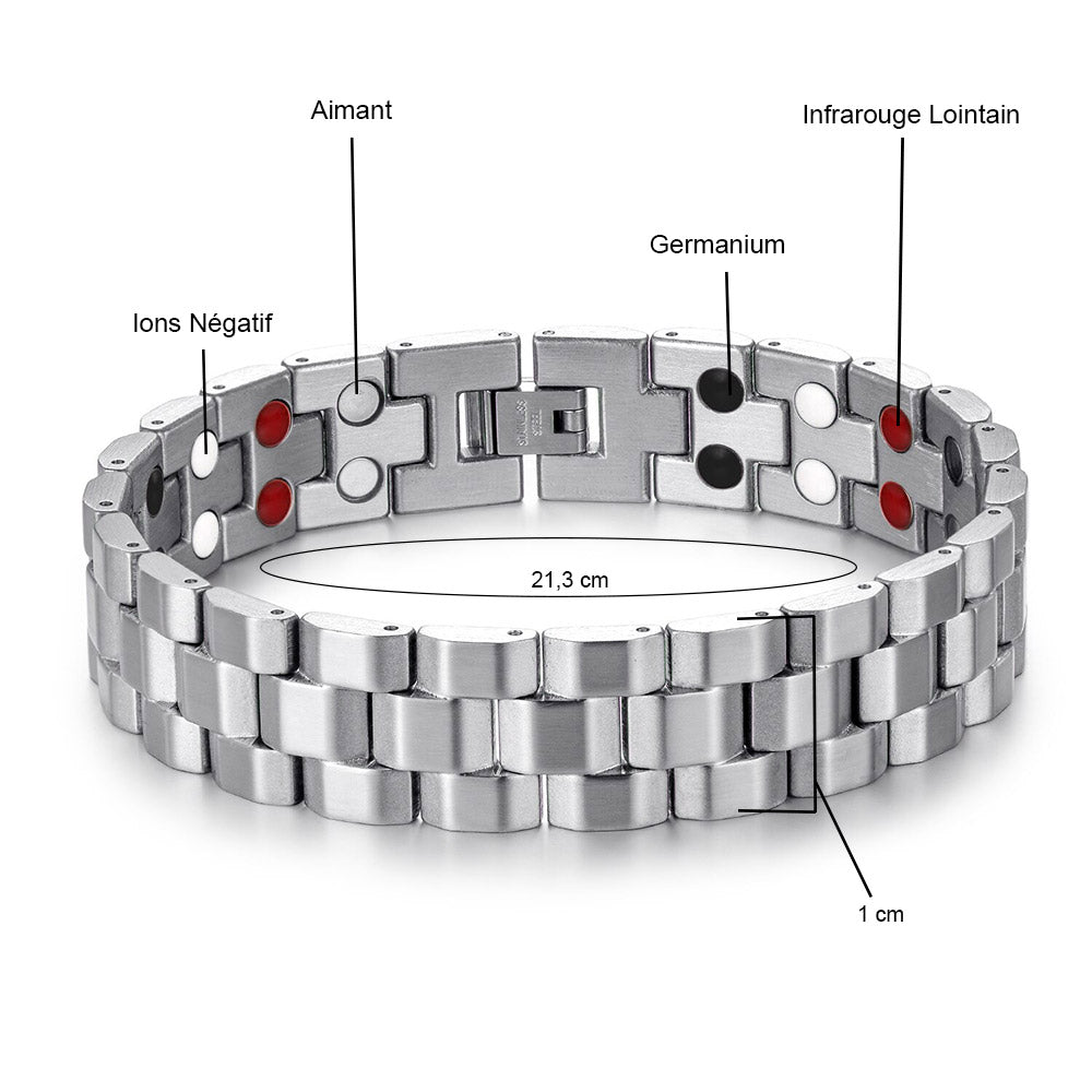 Bracelet en acier inoxydable à aimants pour une élégance moderne tous les jours. Soulage la douleur grâce à ses aimants puissants. Details de la composition du bracelet